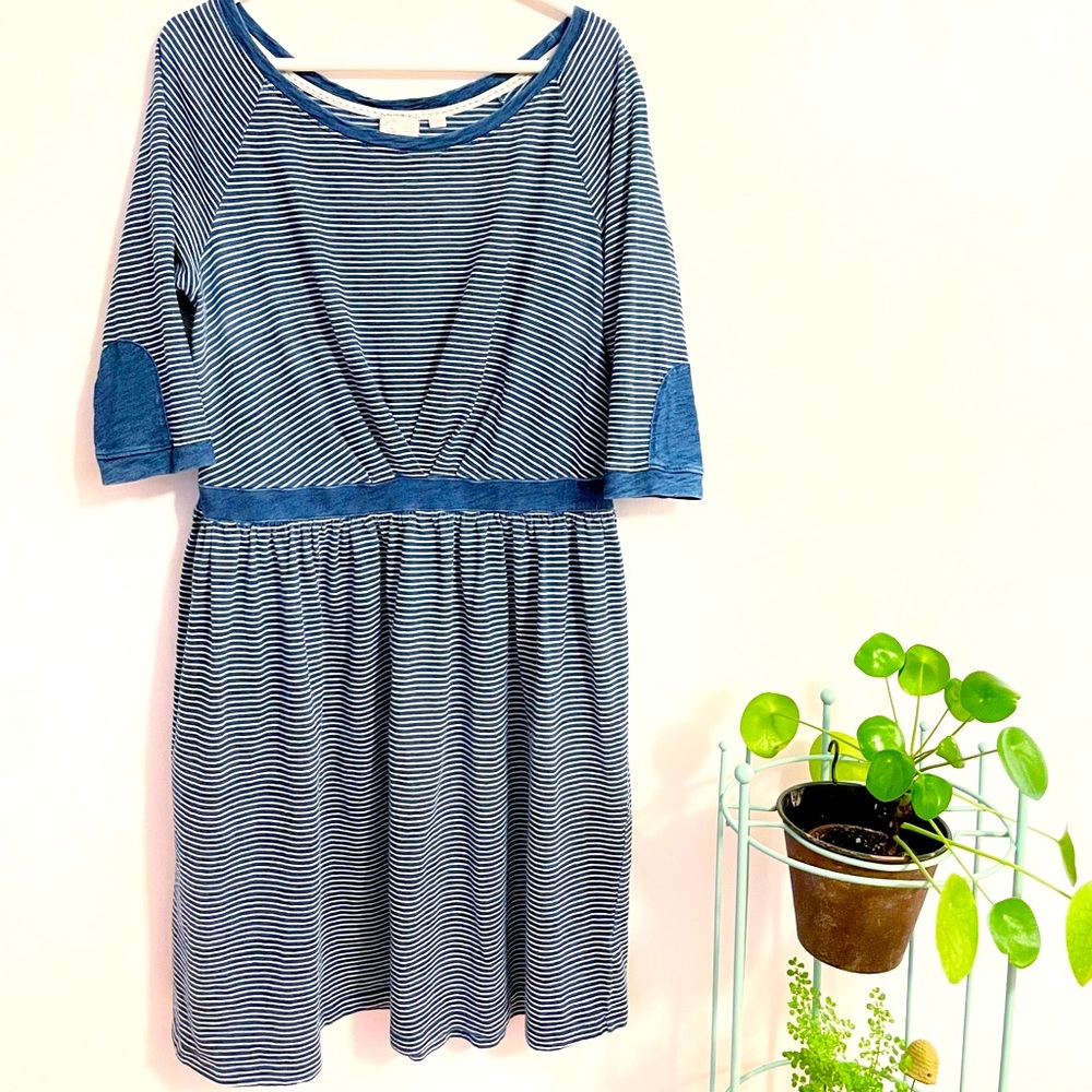 Anthropologie Postage Stamp Jersey Stripe Dress Nautical Elbow Patches XL Modest